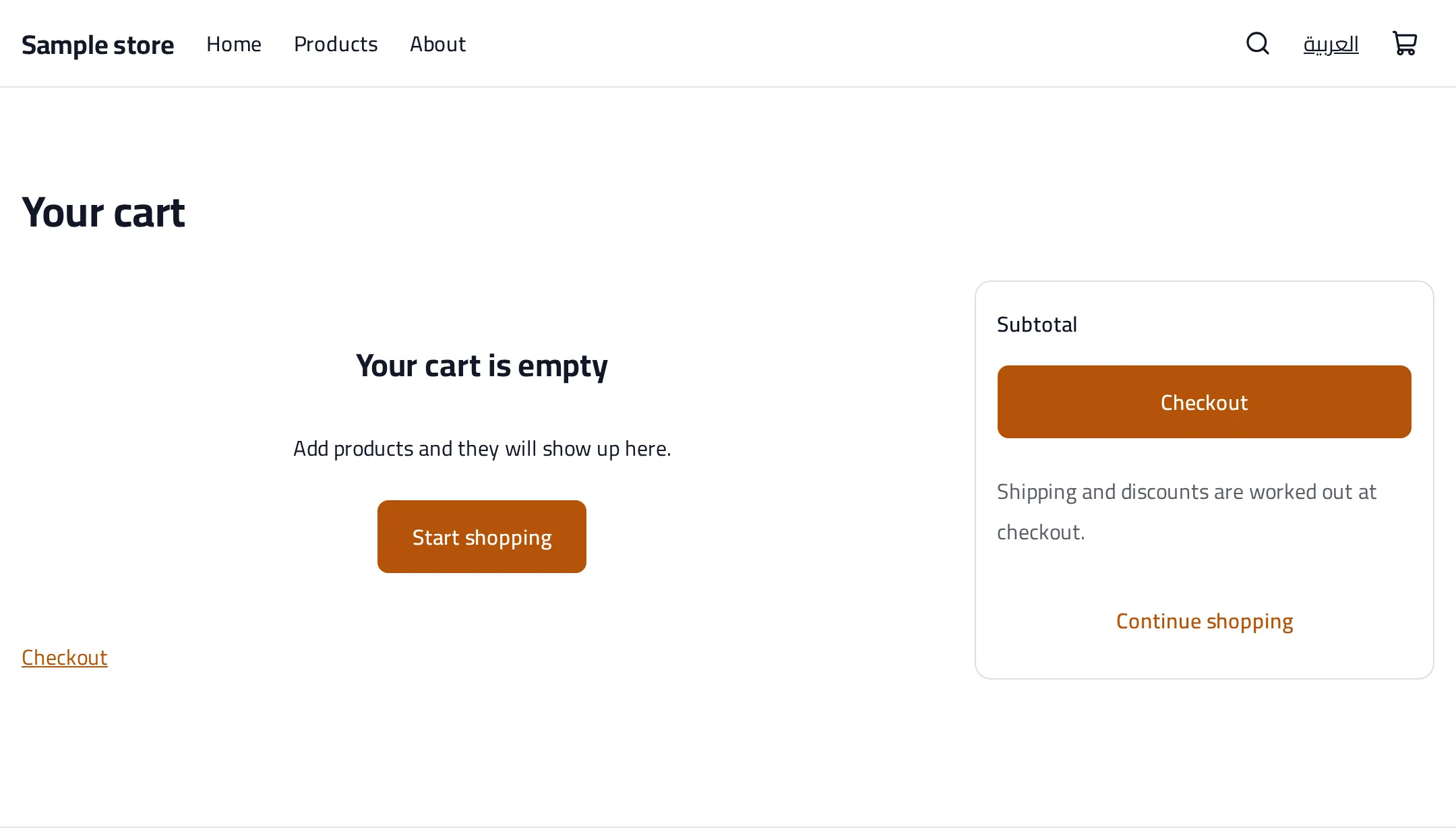 A cart page whose heading, empty-state text and buttons all come from section settings