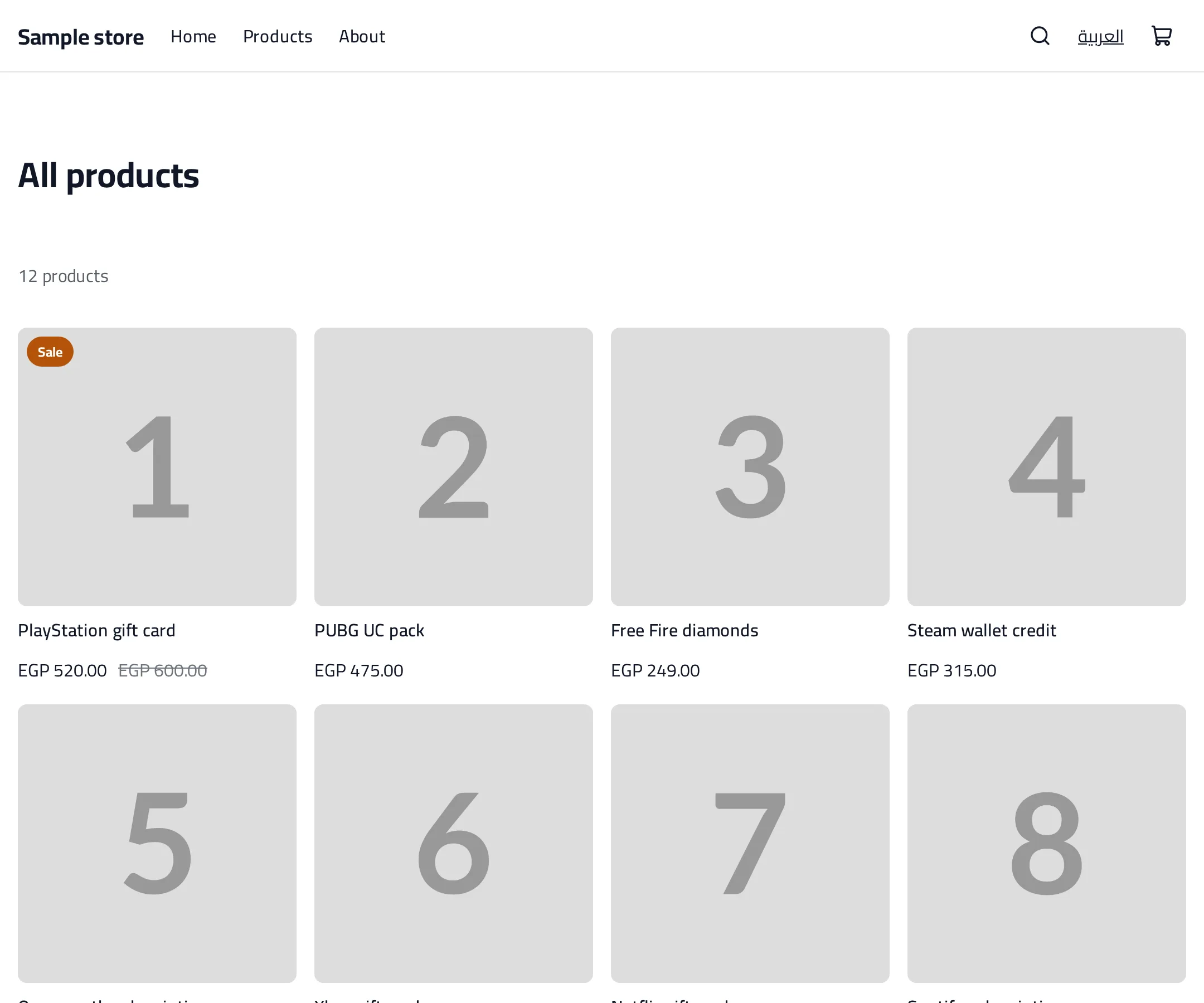 A collection page with the header above and product cards below