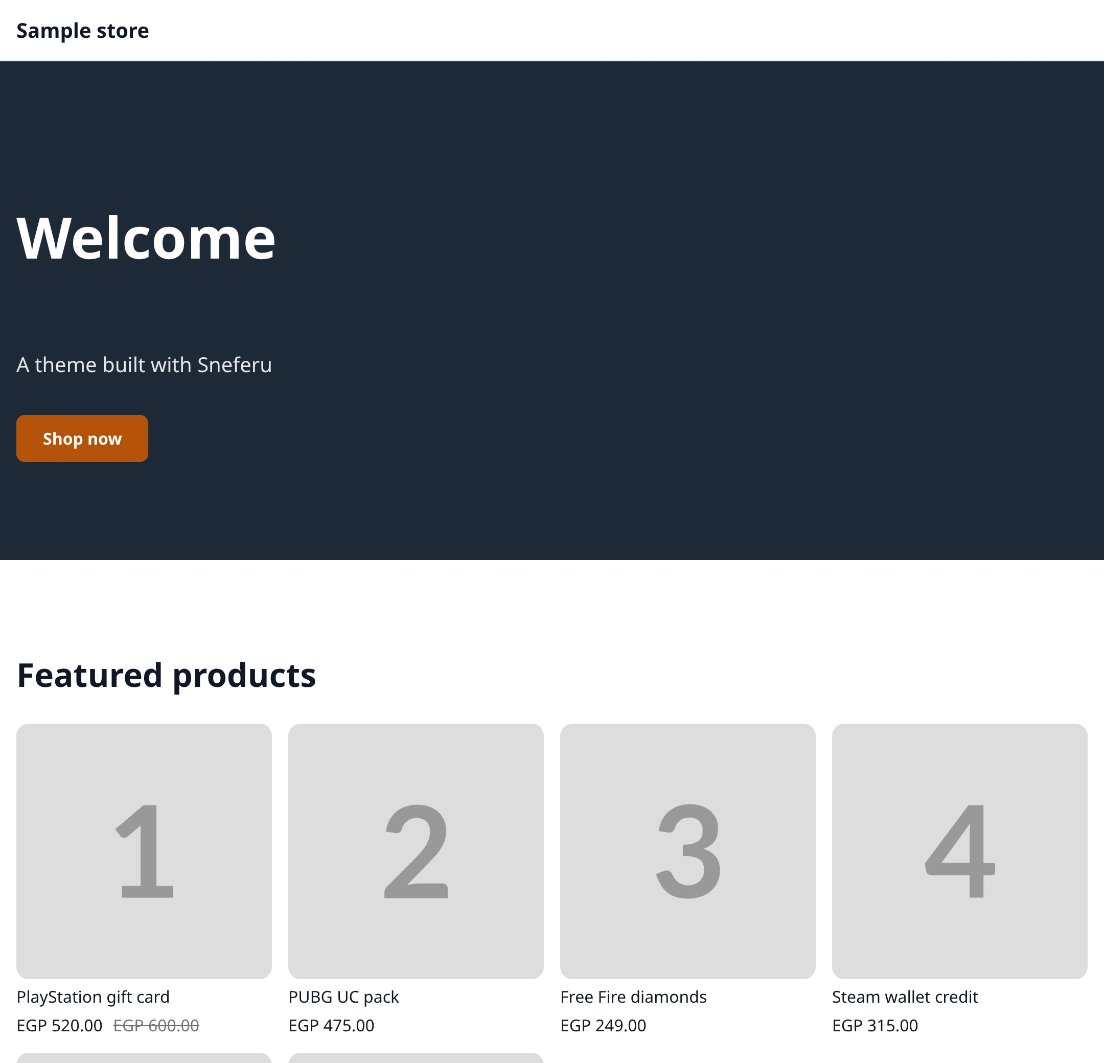 The starter theme in the dev preview: the hero, then the first sample product cards
