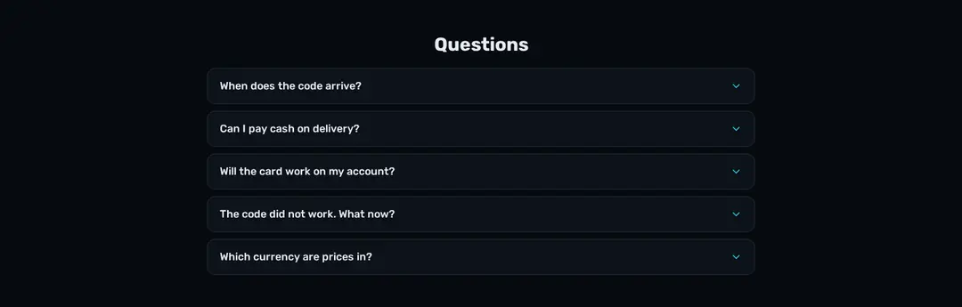 Five closed questions in dark rows, each with a cyan chevron