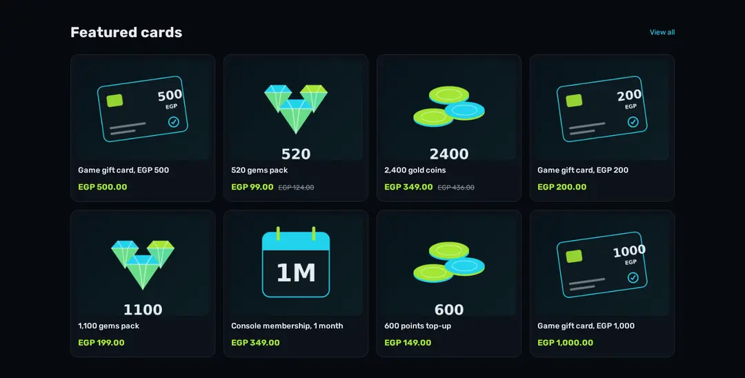 A grid of dark product cards with gift card, gem and coin artwork, titles and lime prices in EGP, two crossed-out old prices