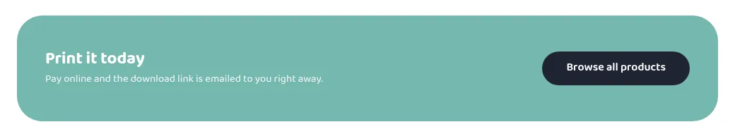 A teal band with a heading, one line of text and a dark pill button