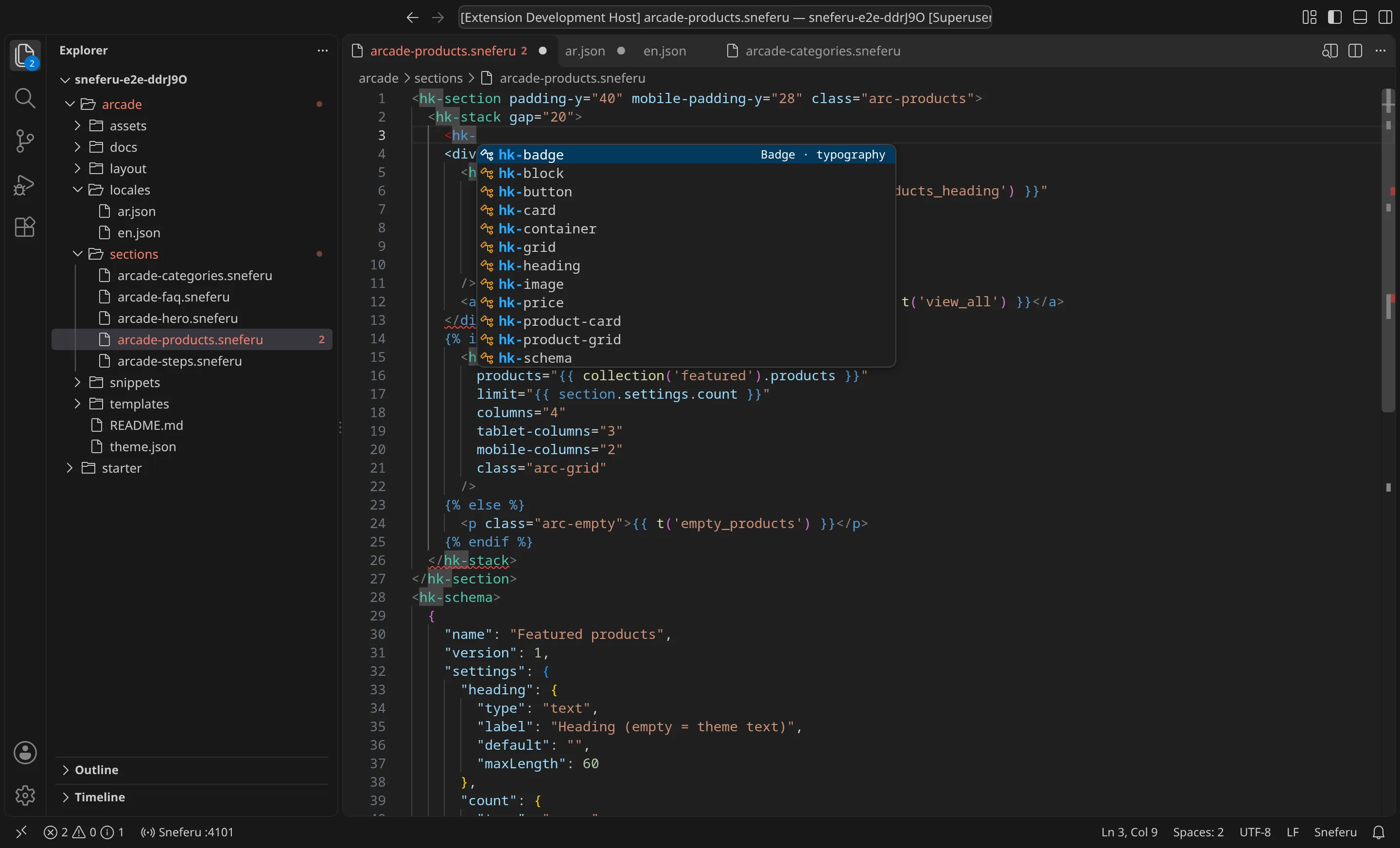 VS Code with a .sneferu file open and a completion list of hk-* tags: hk-badge, hk-block, hk-button, hk-card and more, each with its label and category