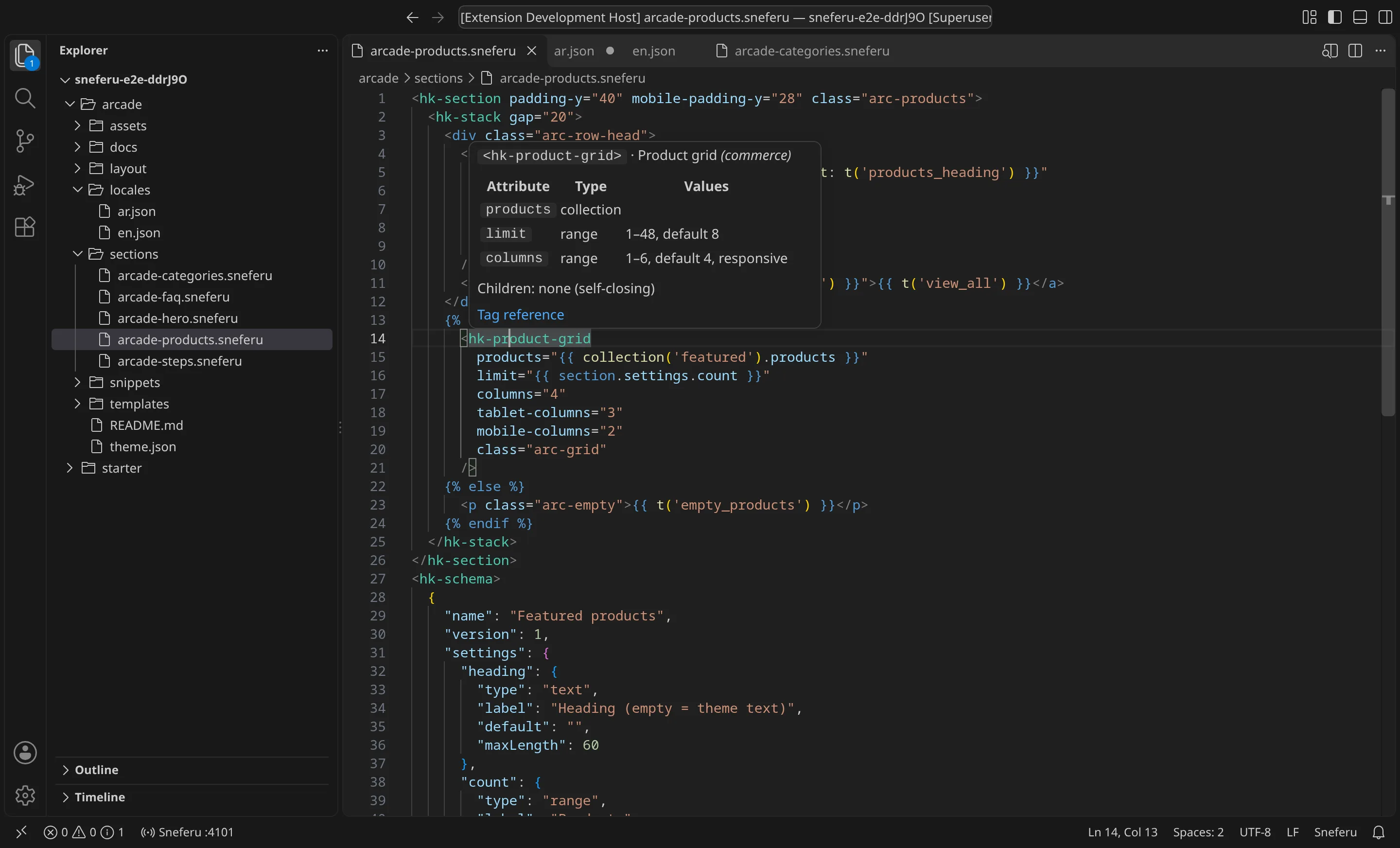 A hover box over hk-product-grid showing its attributes products, limit and columns with types, ranges and defaults, and a link to the tag reference