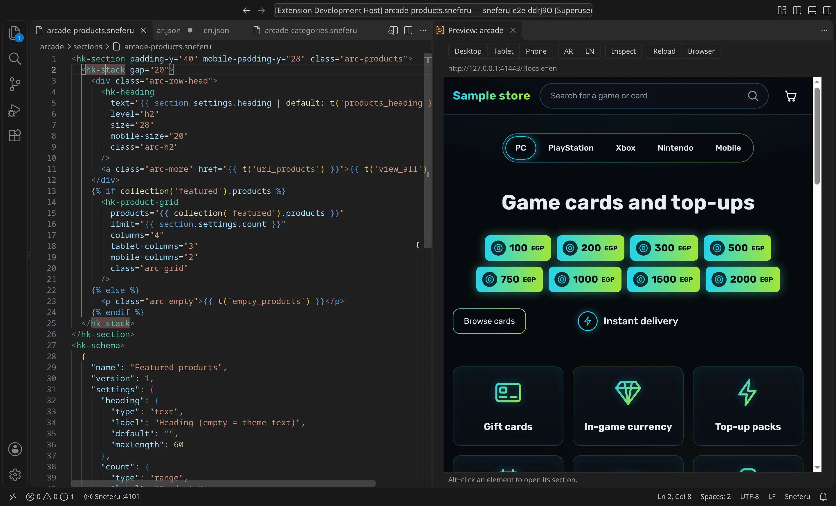 The editor on the left and the Arcade theme rendered in a preview panel on the right, with Desktop, Tablet, Phone, AR, EN, Inspect, Reload and Browser buttons