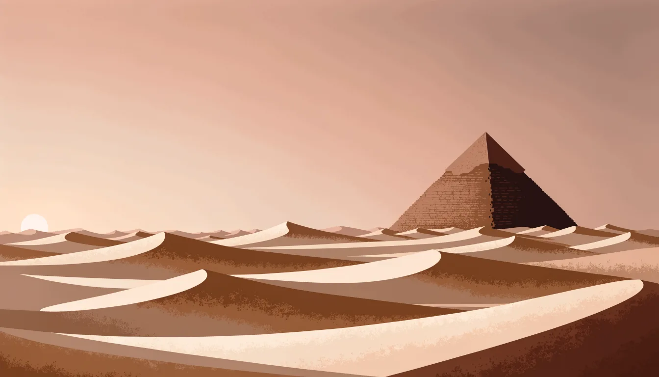 A pyramid on sand dunes under a dusk sky